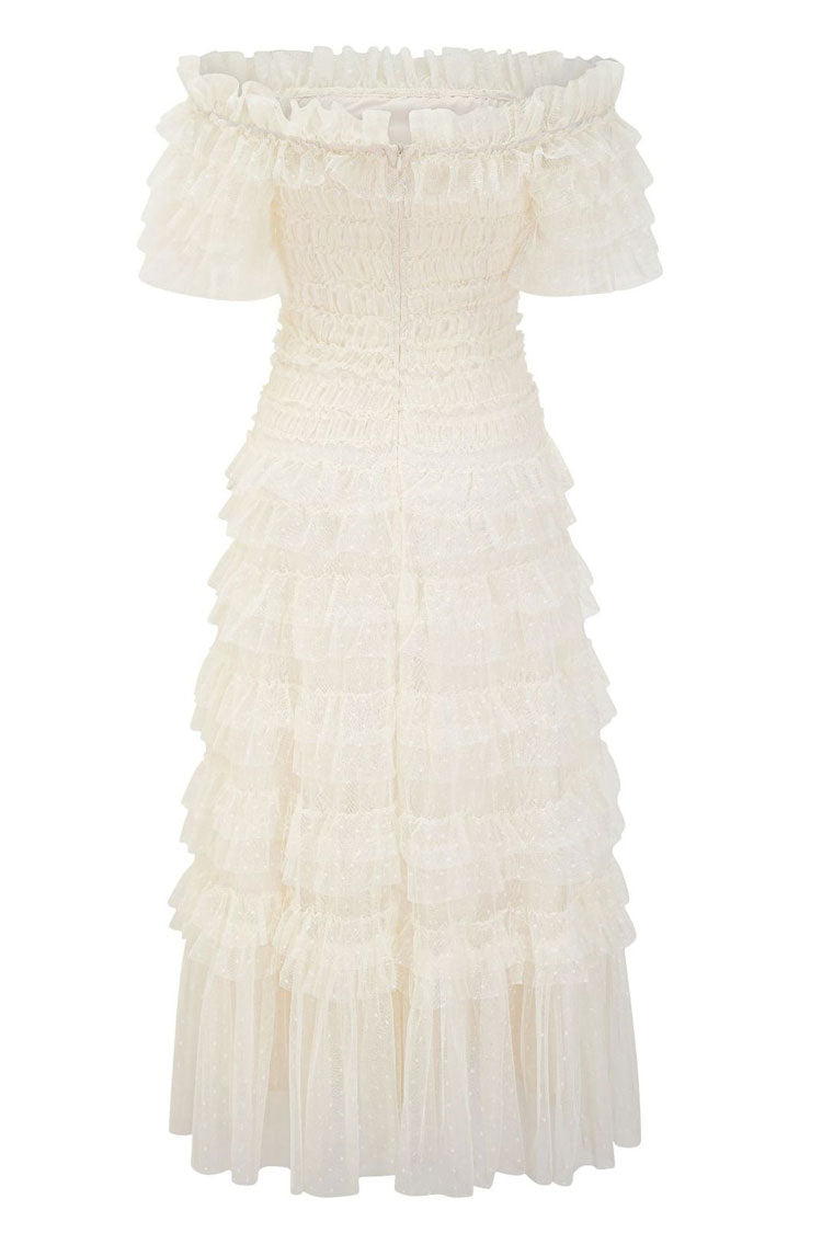 Off Shoulder Tiered Ruffle Dot Tulle Cocktail Midi Dress in Apricot - View 7
