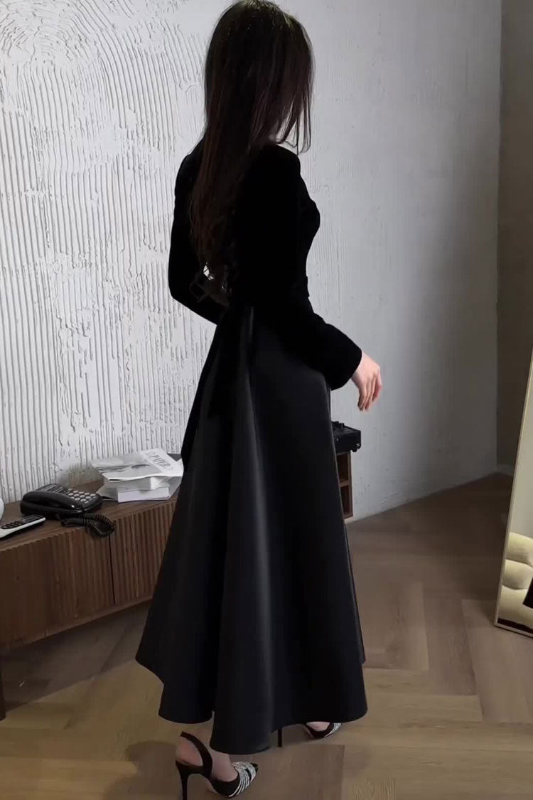 Velvet Satin Long Sleeve High Waist Maxi Dress - View 2