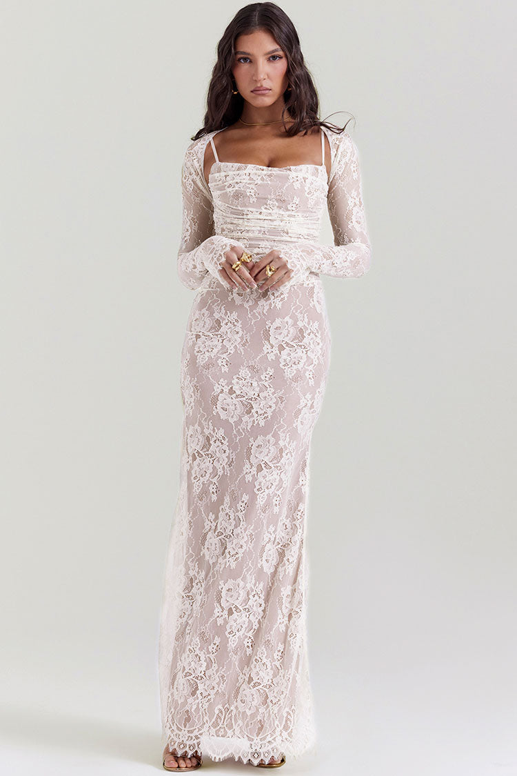 Floral Lace Square Neck Long Sleeve Ruched Mermaid Maxi Dress