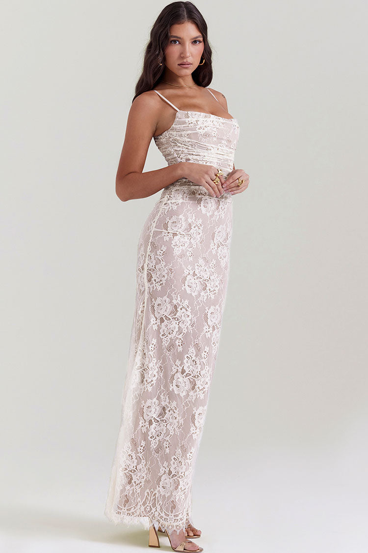 Floral Lace Square Neck Long Sleeve Ruched Mermaid Maxi Dress - View 3