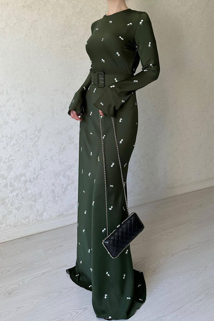 Satin Floral Print Long Sleeve Maxi Dress - View 3