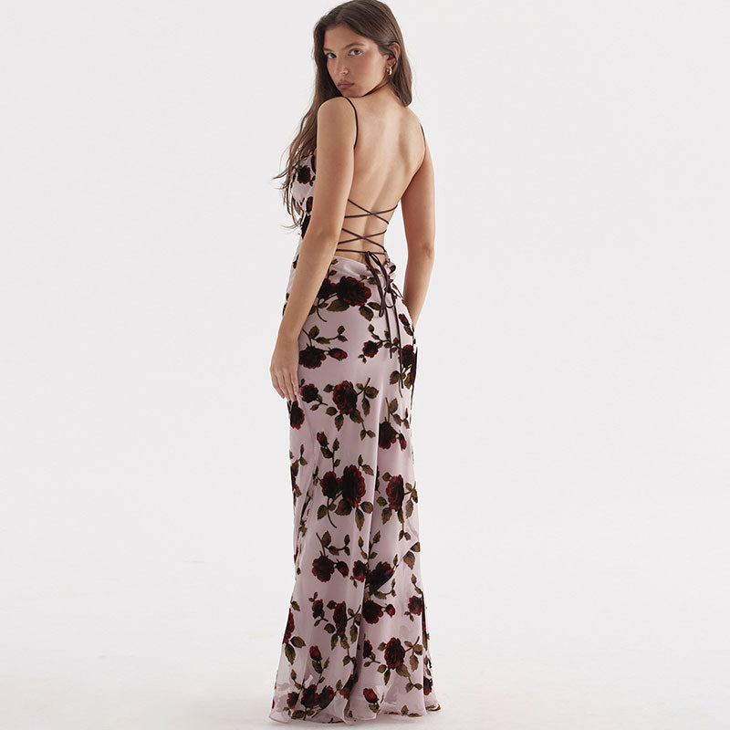 Vintage Mesh Flower Print Fishtail Drape Trim Maxi Dress - Pink - View 3