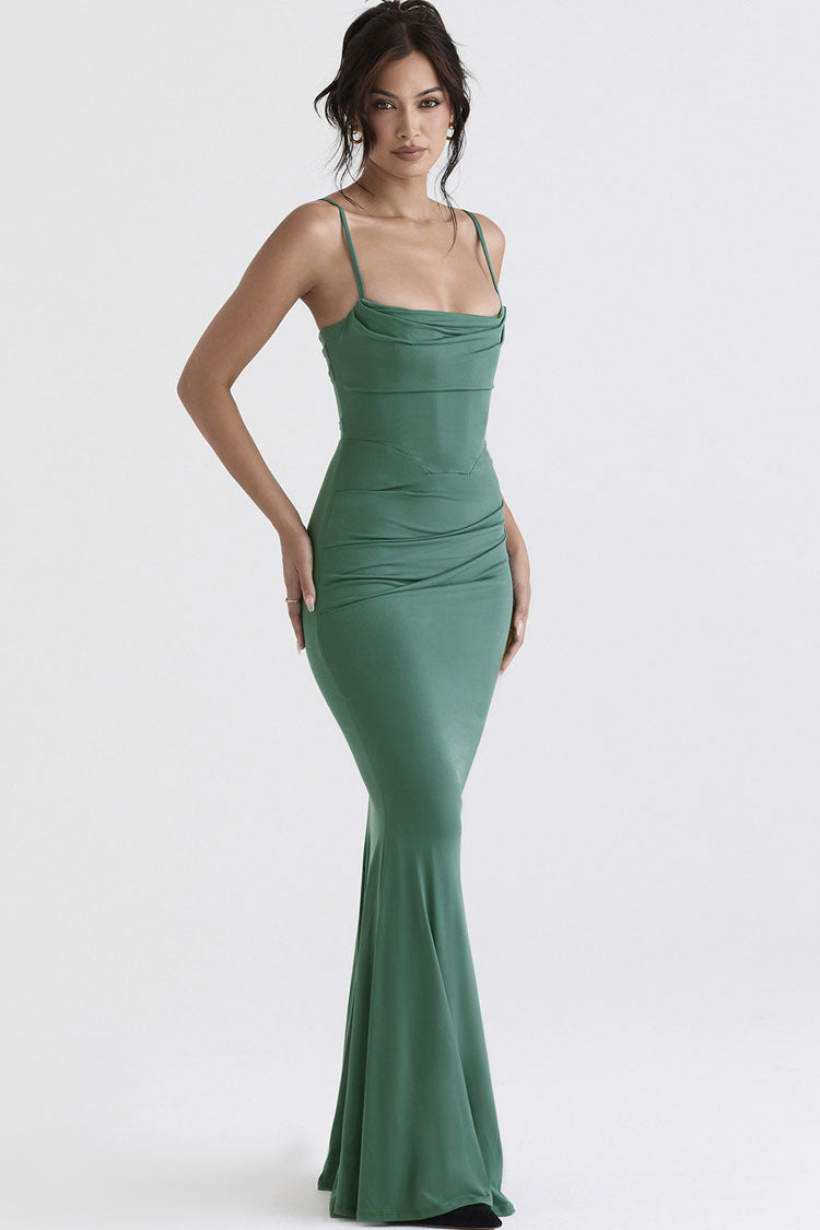 Cowl Neck Spaghetti Strap Ruched Corset Mermaid Maxi Dress - View 4