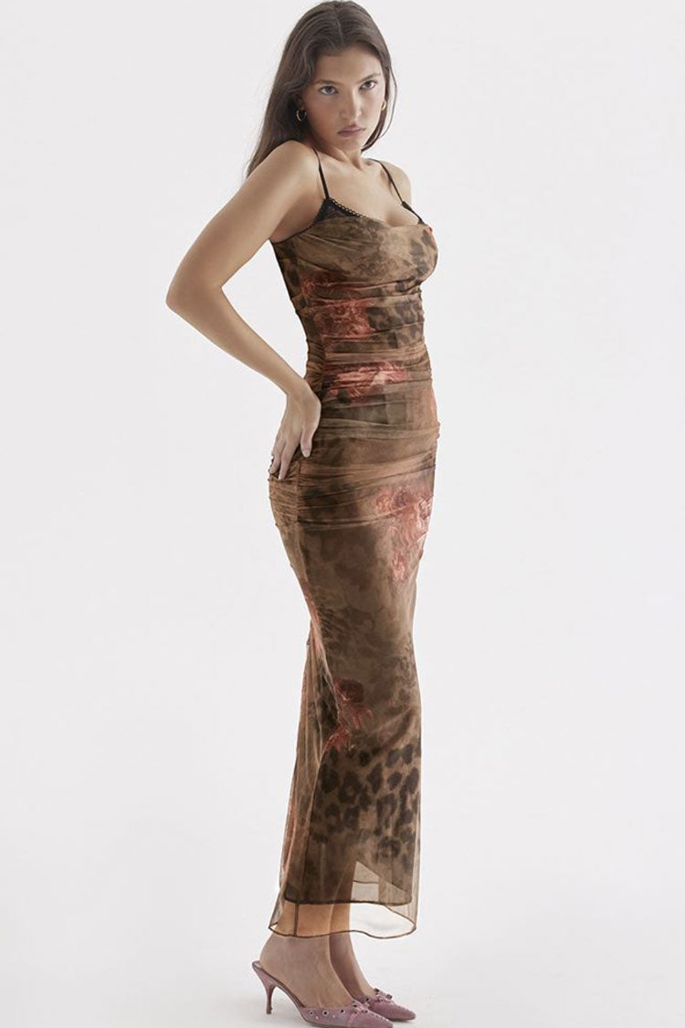 Floral Sweetheart Spaghetti Strap Ruched Mesh Bodycon Maxi Dress - View 3