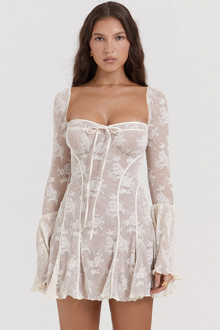 Tie Neck Bell Sleeve Floral Lace Fishtail Mini Dress - View 2