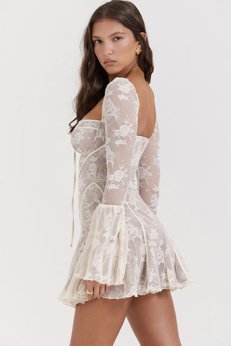 Tie Neck Bell Sleeve Floral Lace Fishtail Mini Dress - View 3