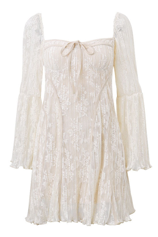 Tie Neck Bell Sleeve Floral Lace Fishtail Mini Dress - View 4