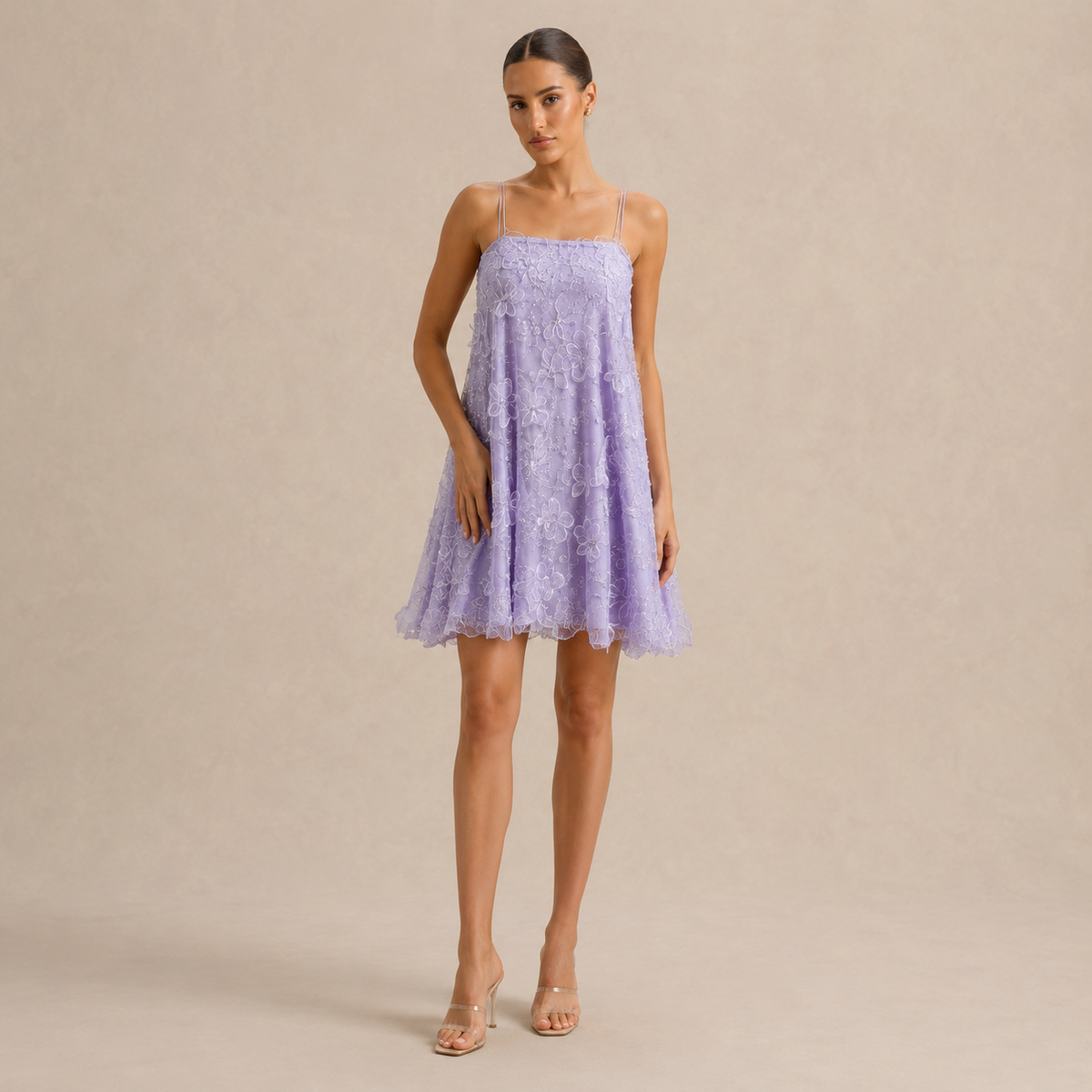 Floral Applique Spaghetti Strap Tulle Babydoll Mini Dress 7