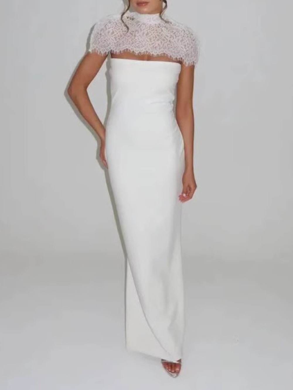 Scalloped Lace Yoke High Neck Cap Sleeve Column Maxi Gown - View 3