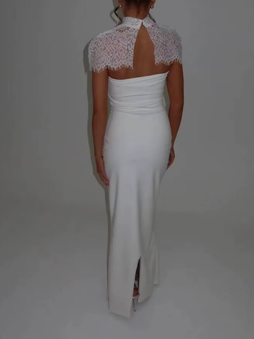 Scalloped Lace Yoke High Neck Cap Sleeve Column Maxi Gown - View 2