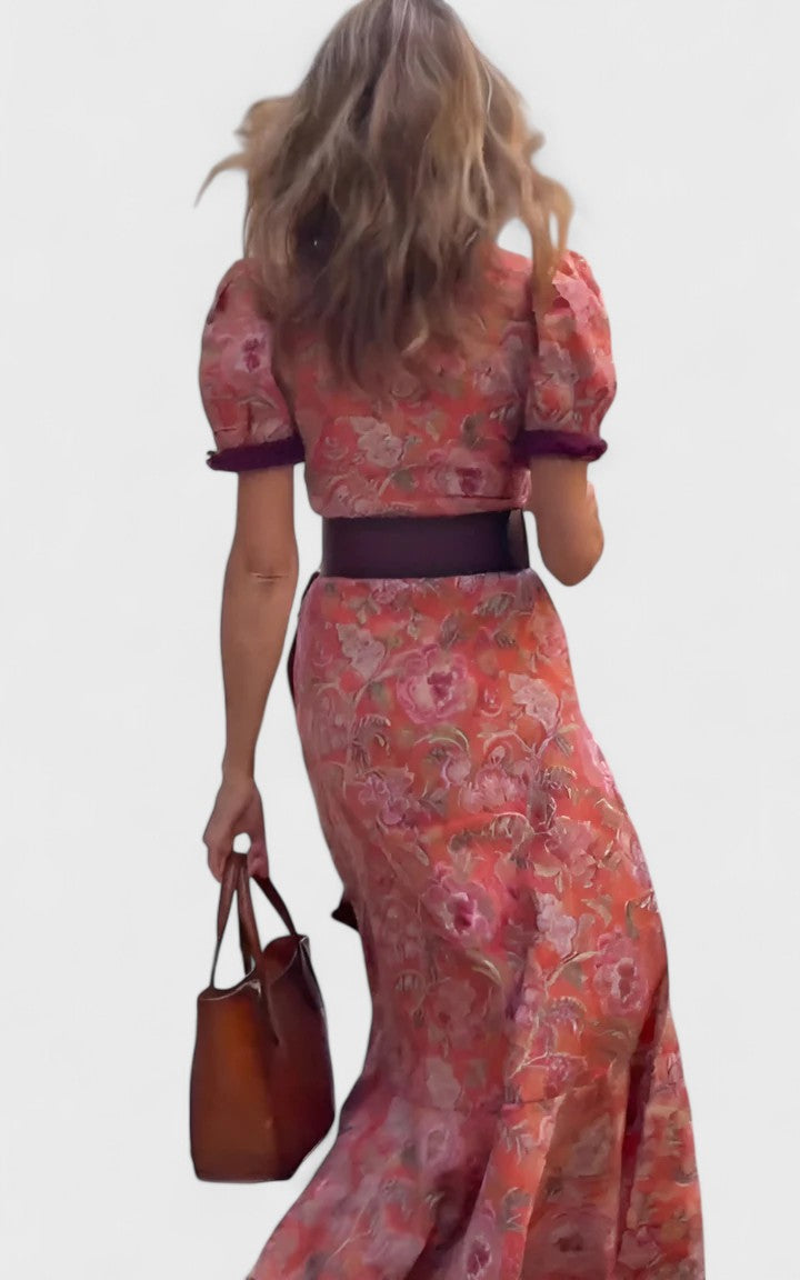 Floral Print V-Neck Puff Sleeve Belted Ruffle Maxi Dress 4