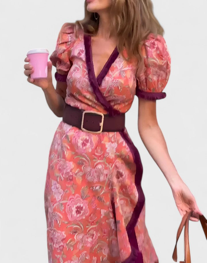 Floral Print V-Neck Puff Sleeve Belted Ruffle Maxi Dress 3