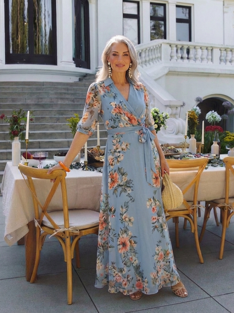 Floral Print Collared Half Sleeve Wrap Maxi Dress 7