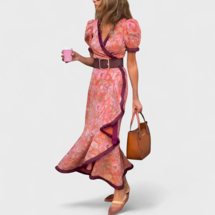 Floral Print V-Neck Puff Sleeve Belted Ruffle Maxi Dress 2
