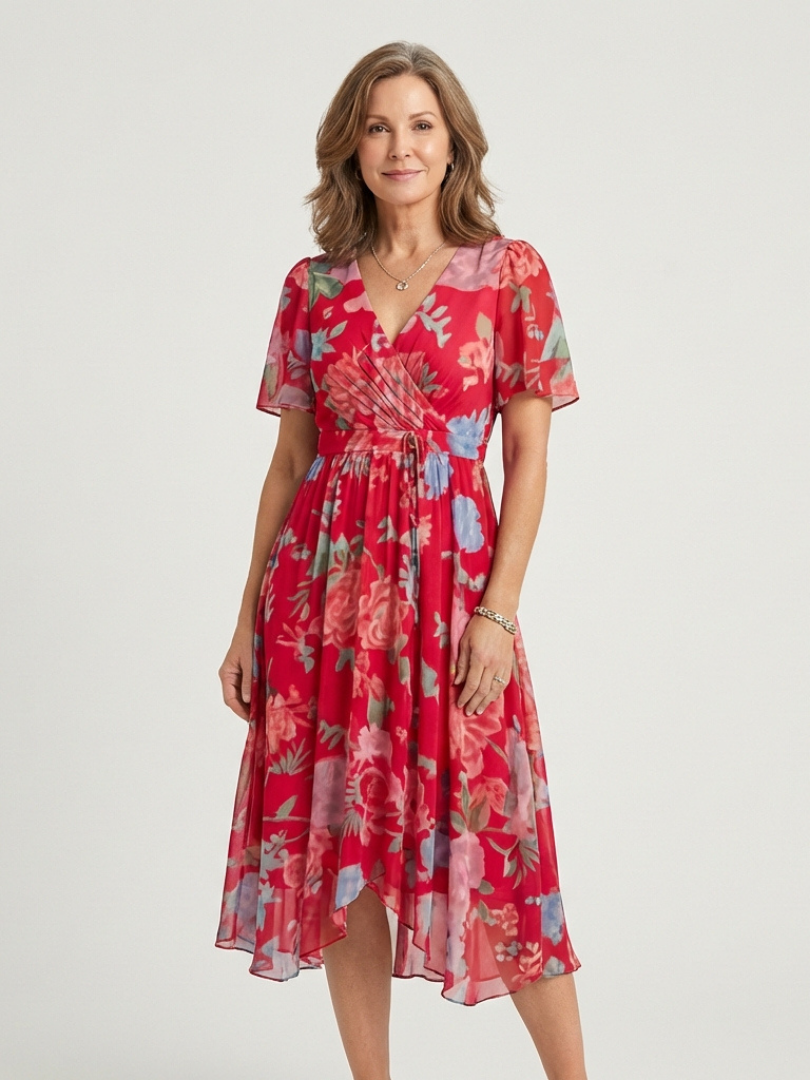 Abstract Print V-Neck Short Sleeve Wrap Midi Dress 3