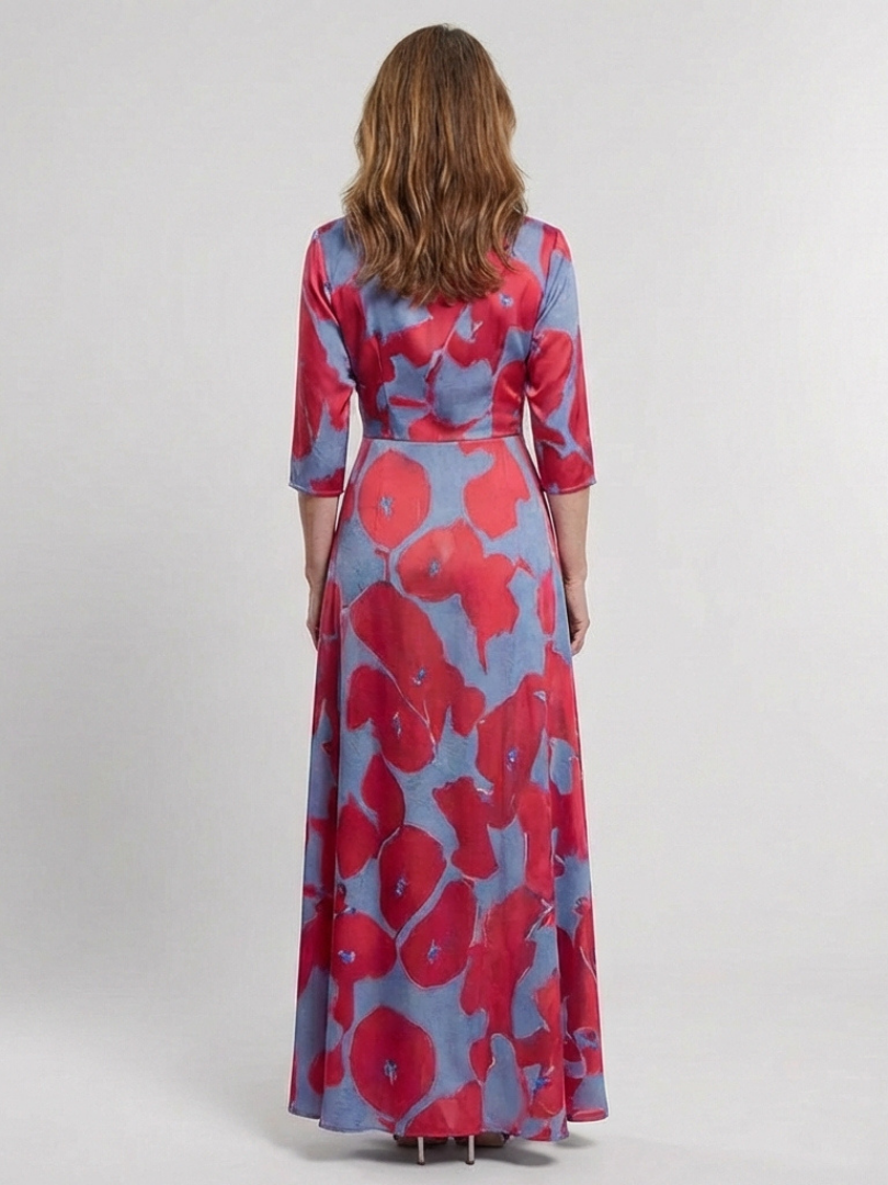 Floral Print Wrap V-Neck Three Quarter Sleeve Maxi Dress 2