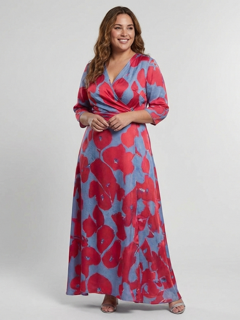 Floral Print Wrap V-Neck Three Quarter Sleeve Maxi Dress 3