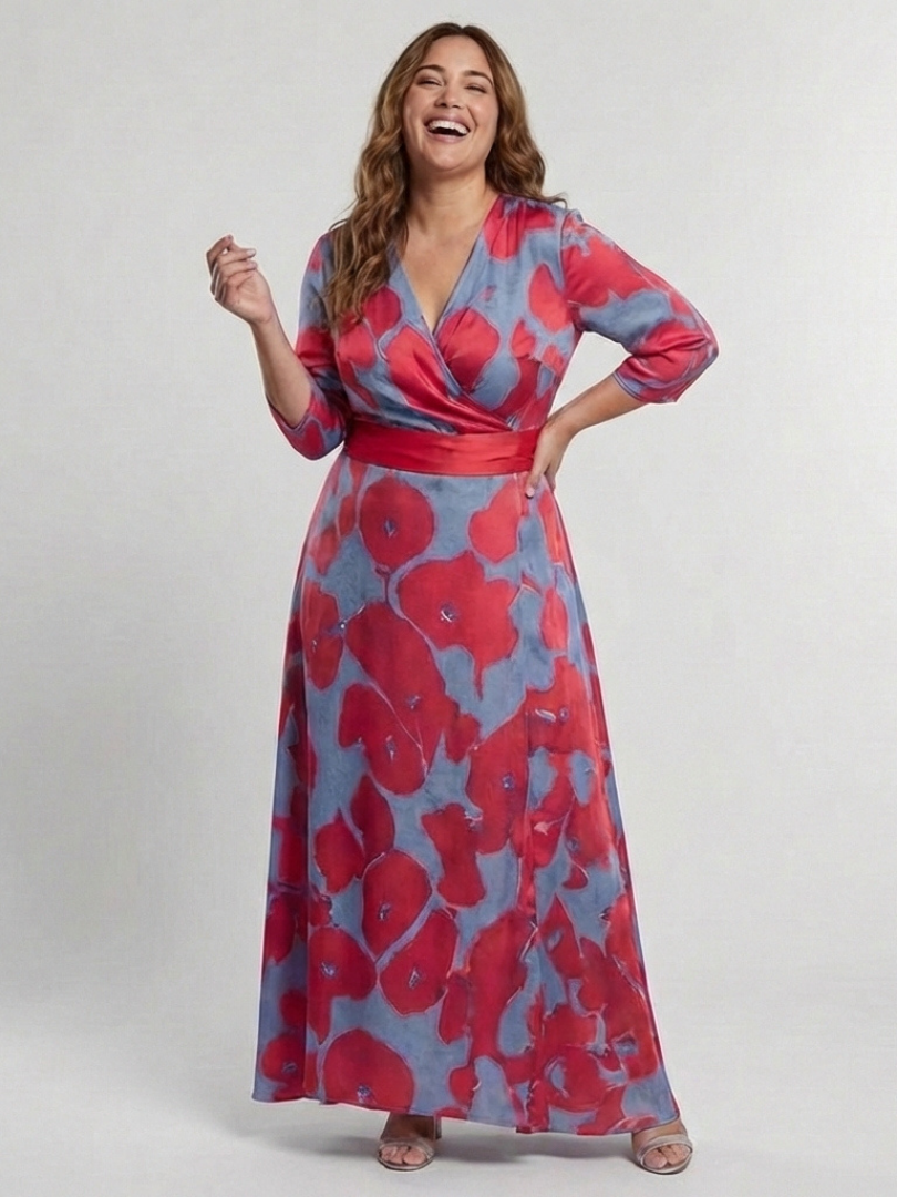 Floral Print Wrap V-Neck Three Quarter Sleeve Maxi Dress 4