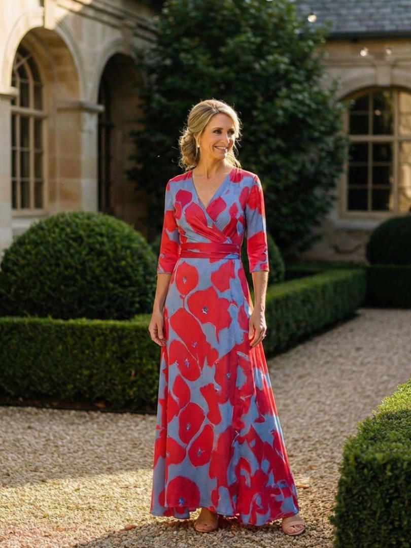 Floral Print Wrap V-Neck Three Quarter Sleeve Maxi Dress 6