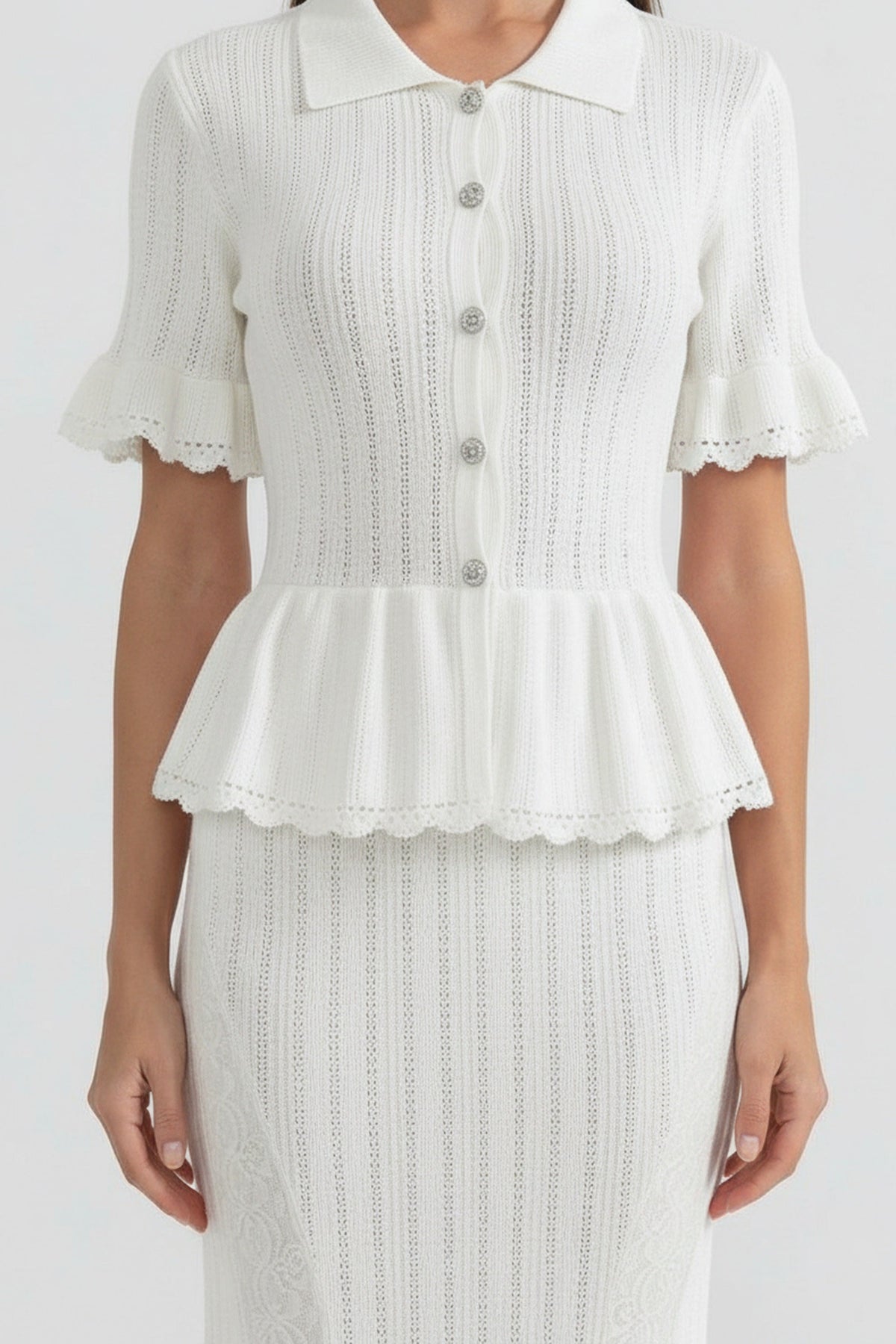 Peter-Pan Collar Knit Peplum Maxi Dress With Lace Hem - White - View 5