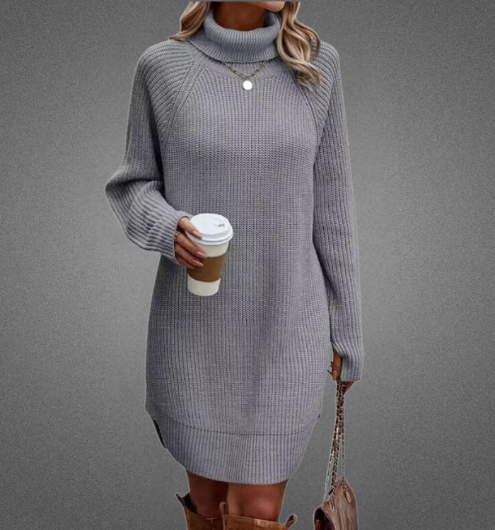 Knit Turtleneck Raglan Long Sleeve Ribbed Oversized Mini Sweater Dress - View 5