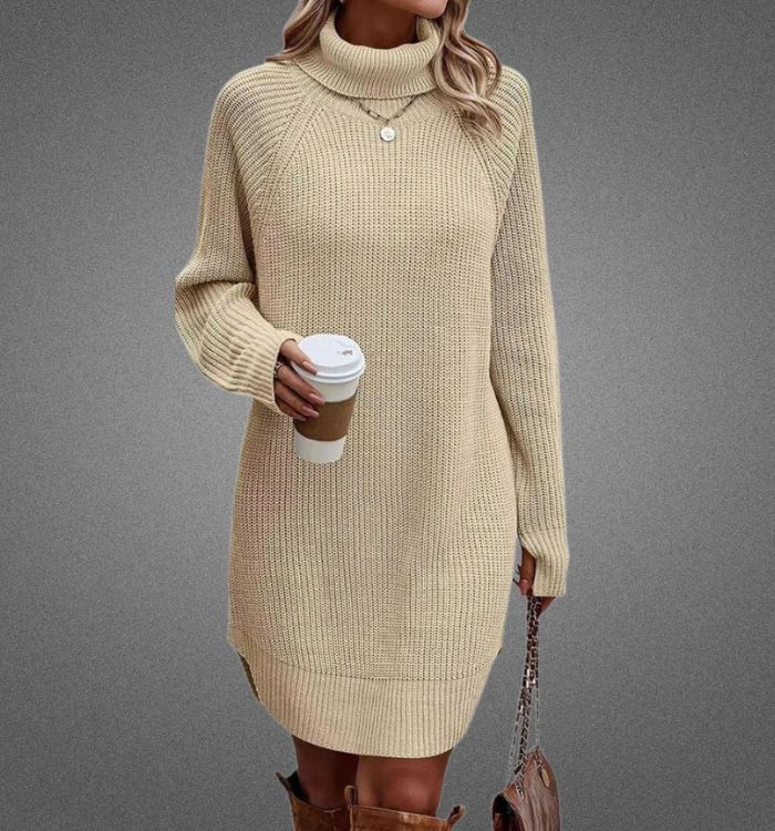 Knit Turtleneck Raglan Long Sleeve Ribbed Oversized Mini Sweater Dress