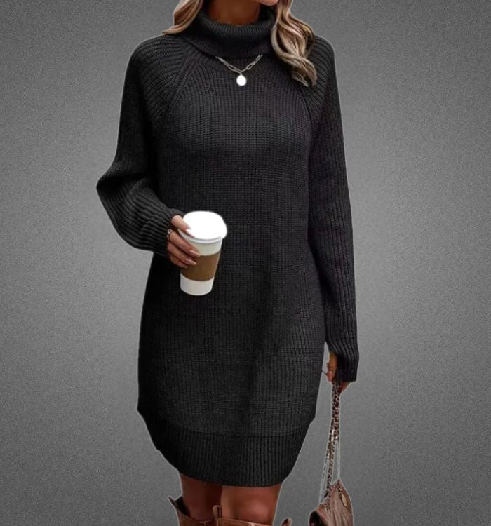 Knit Turtleneck Raglan Long Sleeve Ribbed Oversized Mini Sweater Dress - View 3