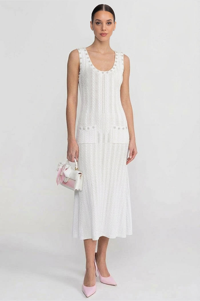 Ribbed Pointelle Pearl Button Cropped Cardigan Sleeveless Set - View 3