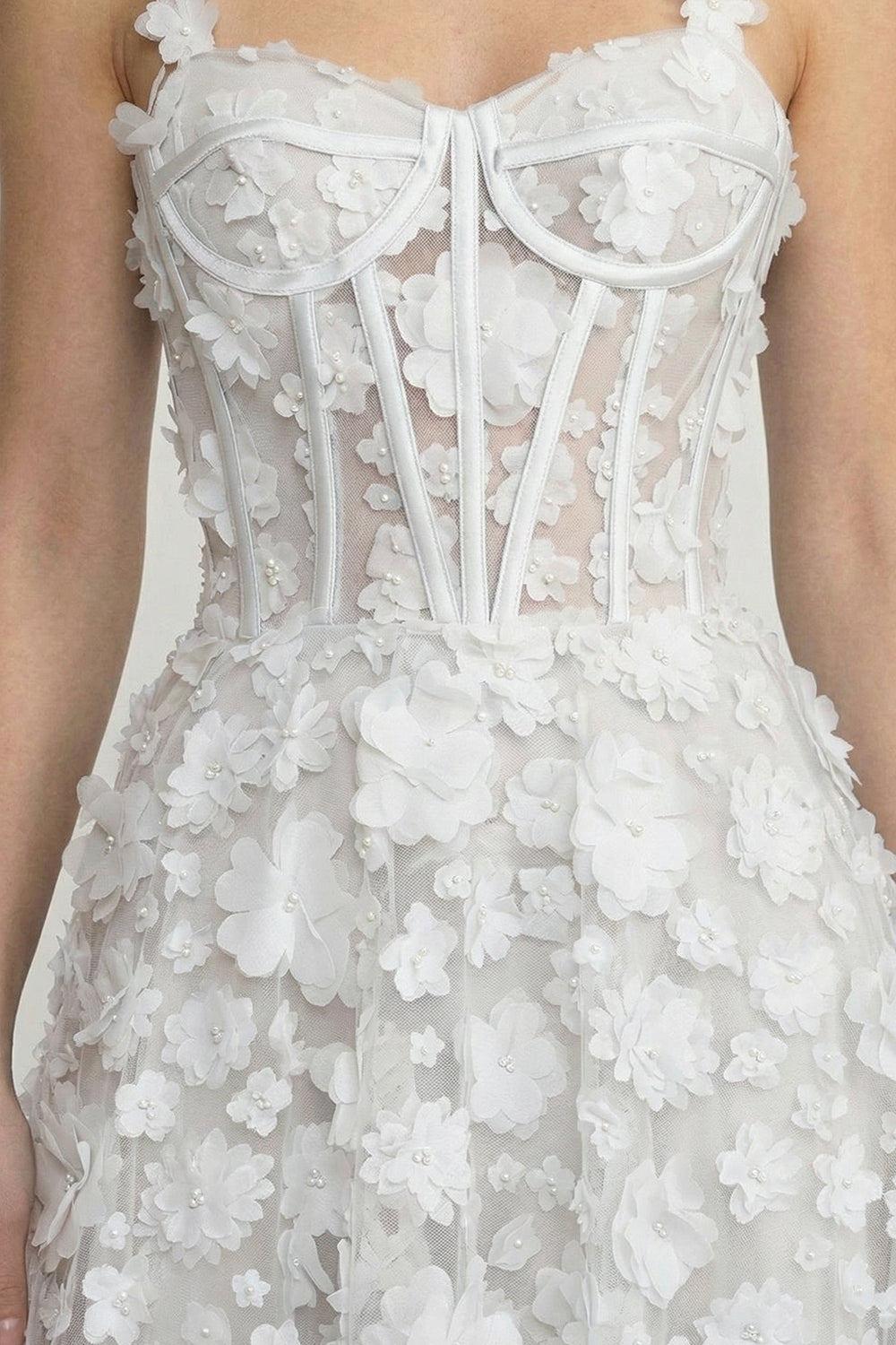 Floral Appliqué Maxi Dress With Corset Bodice - White - View 7