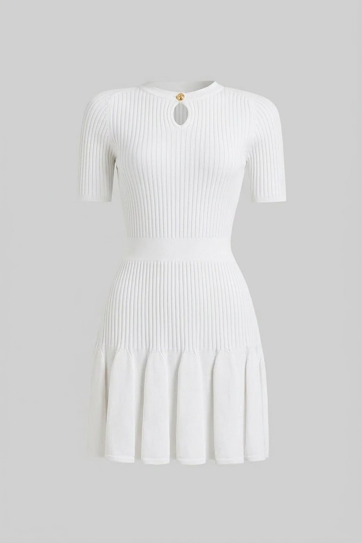 Ribbed Knit Mini Dress With Gold Button Keyhole Neckline - White - View 7