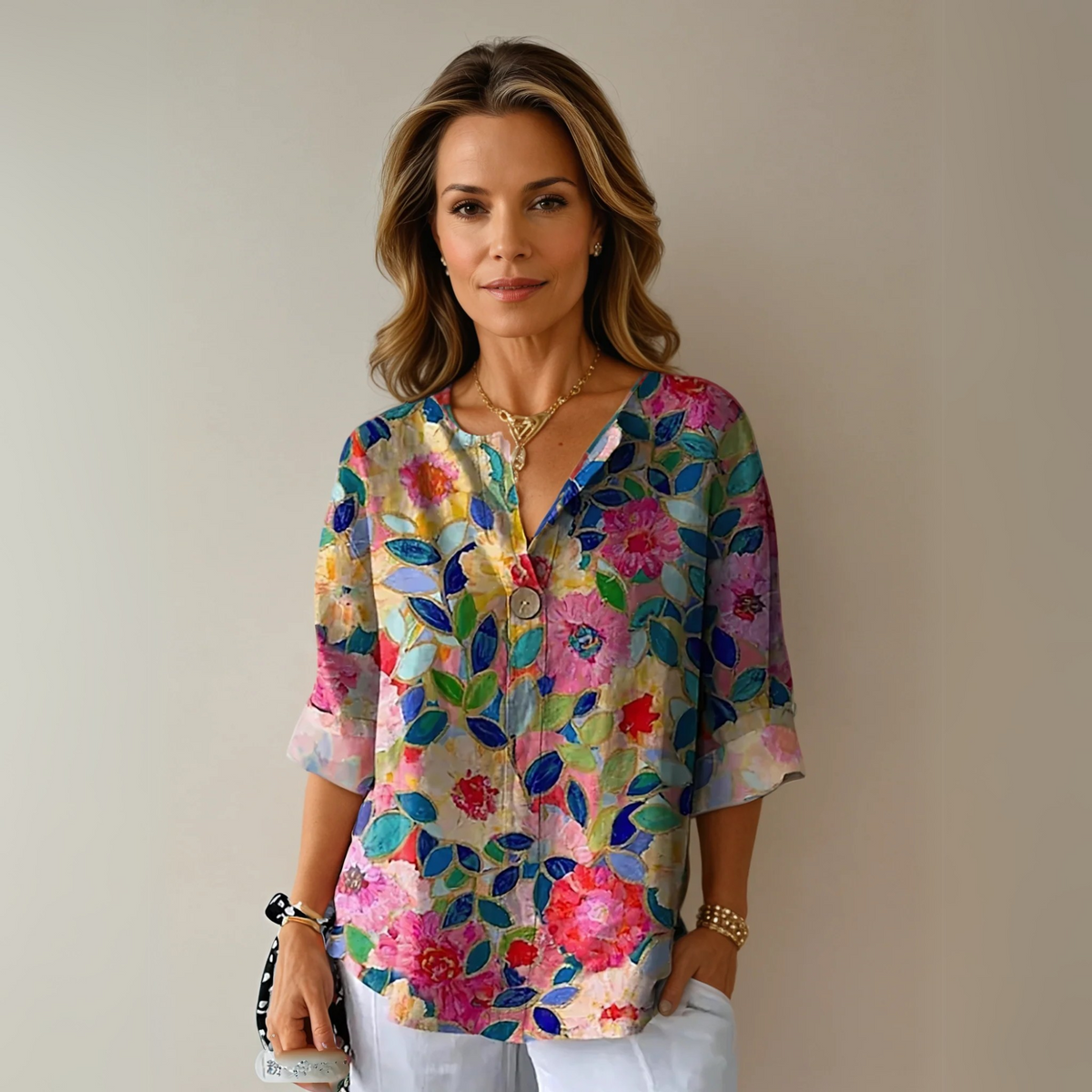 Floral Print V-Neck Half Sleeve Blouse