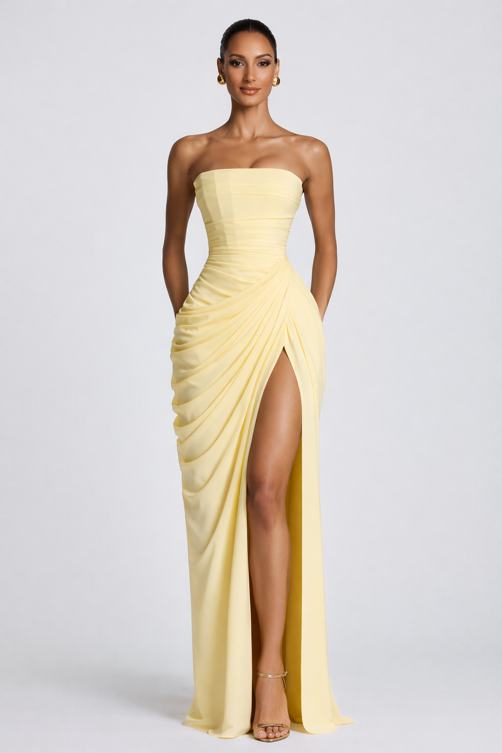 Strapless Ruched Wrap Front High Split Maxi Gown