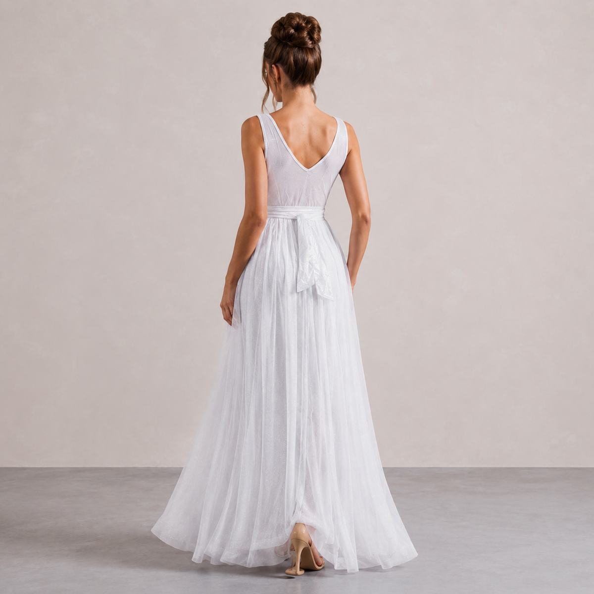 V-Neck Sleeveless Glitter High Split A-Line Maxi Gown 6