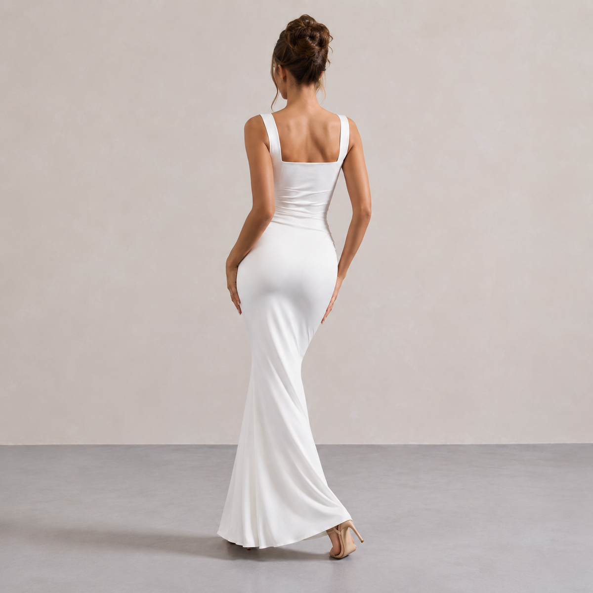Square Neck Ruched Satin Fishtail Maxi Dress 6