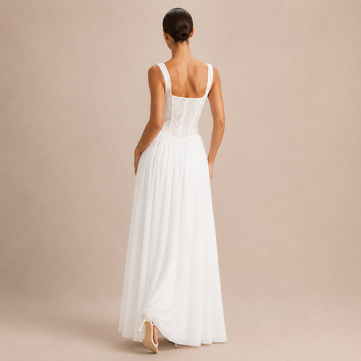 Square Neck Lace Corset Bodice A-Line Maxi Gown 3