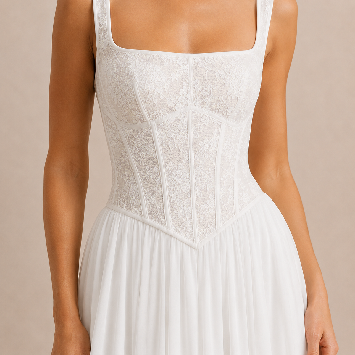 Square Neck Lace Corset Bodice A-Line Maxi Gown 2