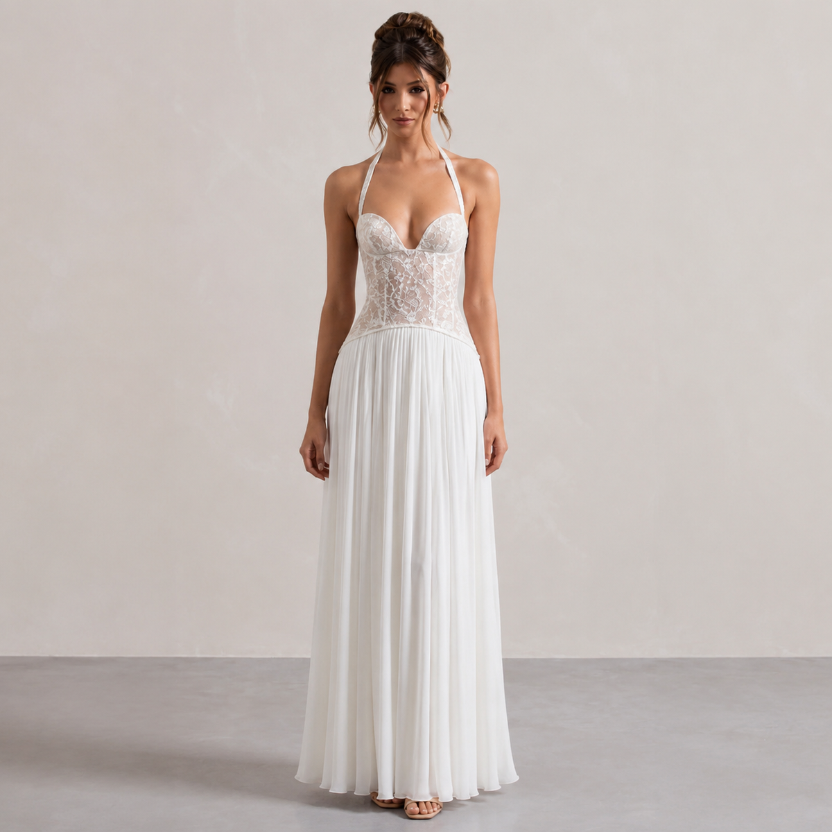 Halter Neck Lace Corset Pleated Chiffon Maxi Dress