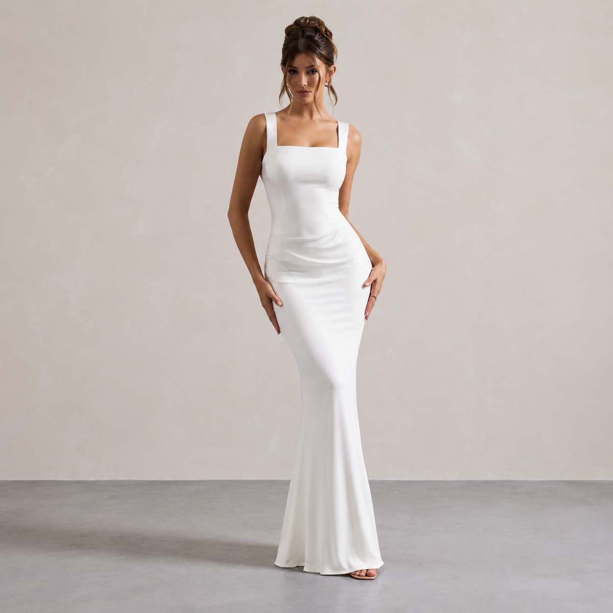 Square Neck Ruched Satin Fishtail Maxi Dress 4