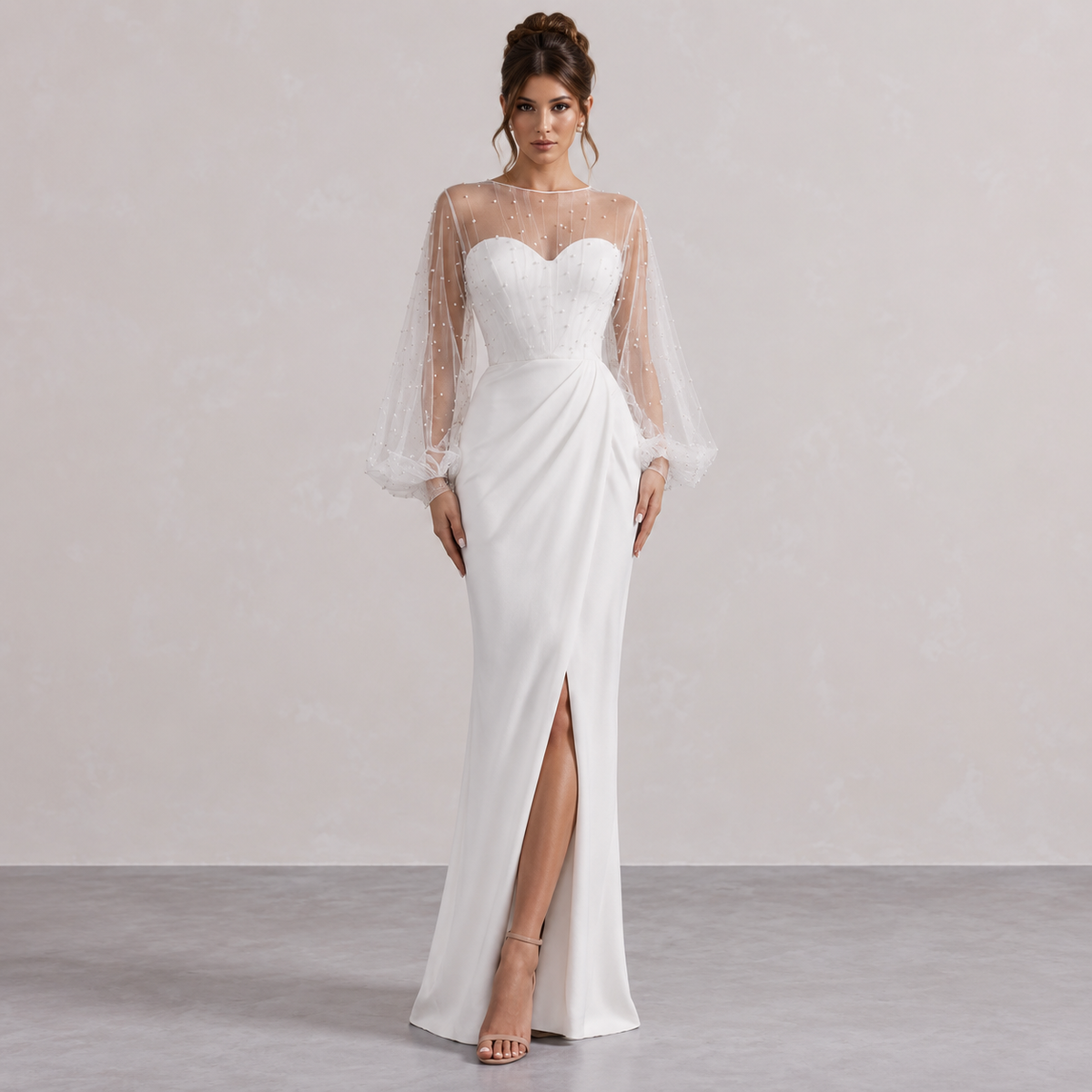 Pearl Sheer Sleeve Ruched High Split Maxi Gown