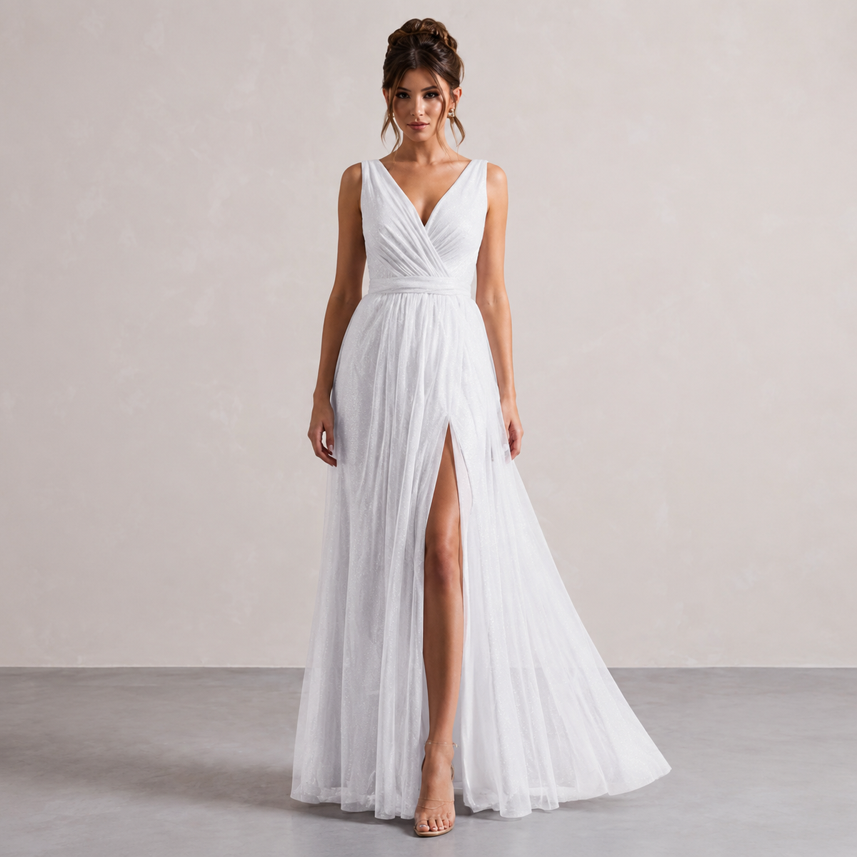 V-Neck Sleeveless Glitter High Split A-Line Maxi Gown 4