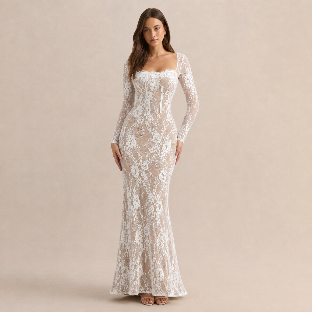 Floral Lace Square Neck Long Sleeve Fishtail Maxi Gown