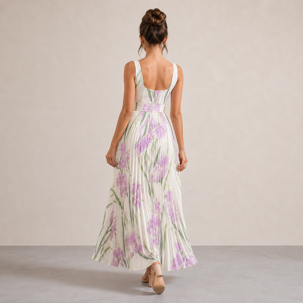 Square Neck Belted Floral Pleated Maxi Dress 3