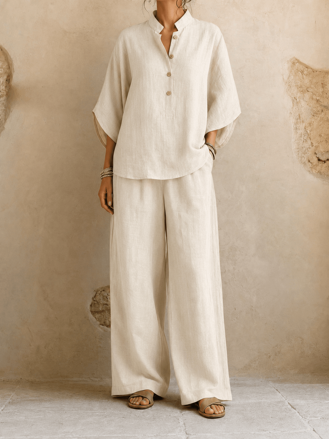 Stand Collar Three Quarter Sleeve Button Top and Wide Leg Pants Two Piece Set 5