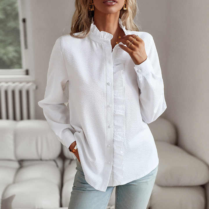 Ruffle Trim Stand Collar Long Sleeve Button Front Blouse 3
