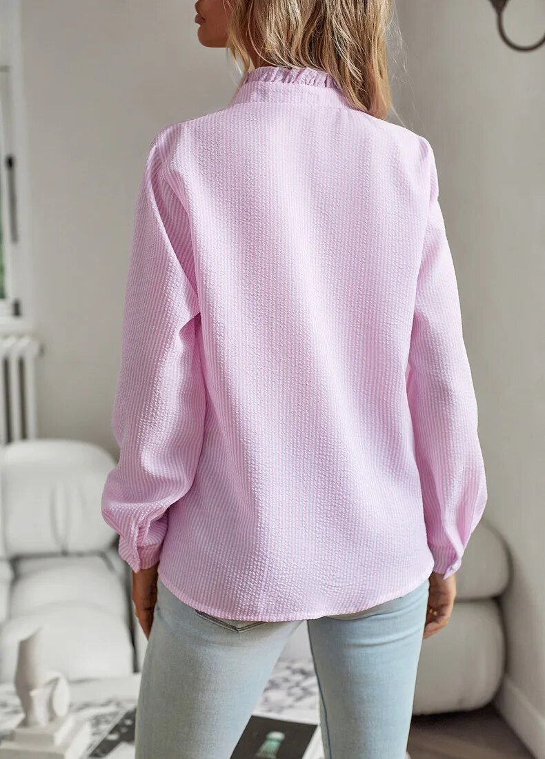 Ruffle Trim Stand Collar Long Sleeve Button Front Blouse 8