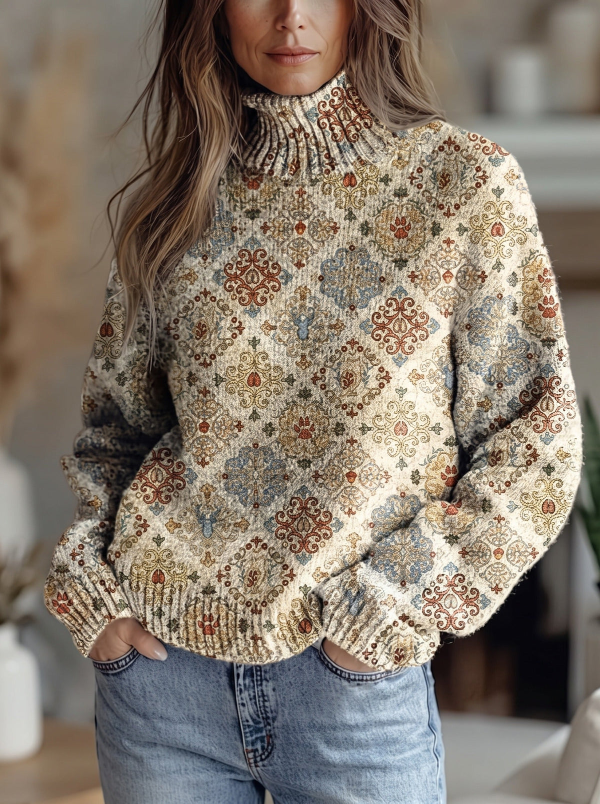 Damask Medallion Print Turtleneck Long Sleeve Knit Sweater