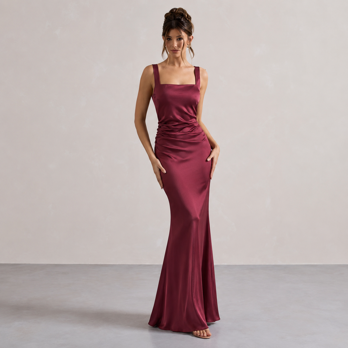 Square Neck Ruched Satin Fishtail Maxi Dress 13