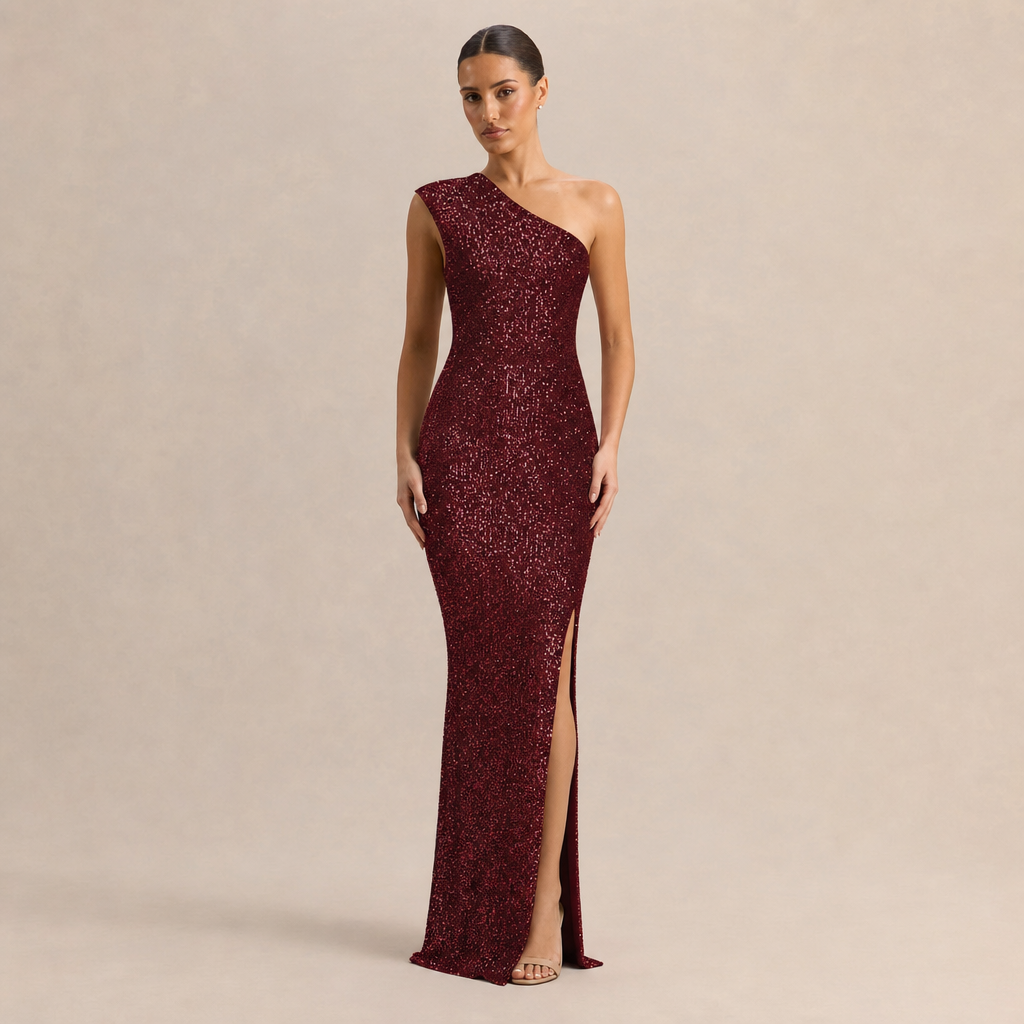 Sequin One Shoulder High Split Column Maxi Gown 10