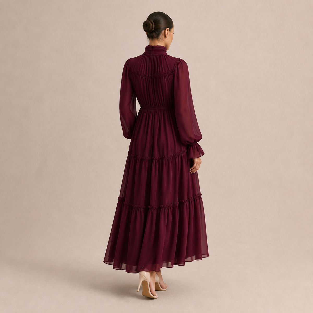 High Neck Long Sleeve Tiered Ruffle Chiffon Maxi Dress 6
