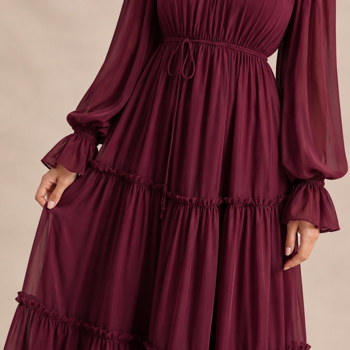 High Neck Long Sleeve Tiered Ruffle Chiffon Maxi Dress 5